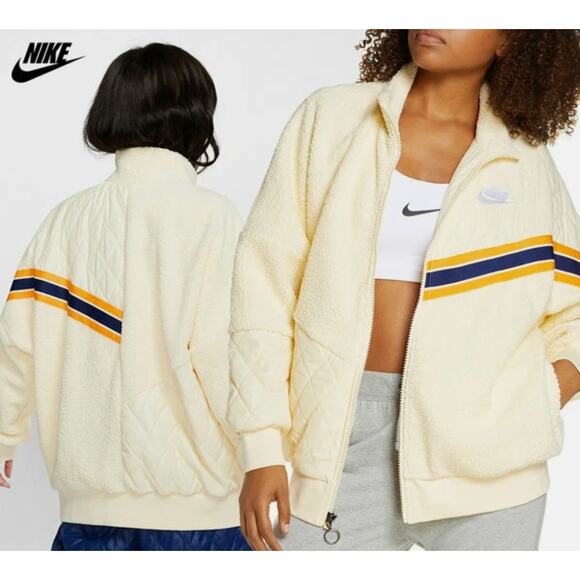 Nike Sherpa Loose Fit Oversized Full Zip Track Jacket Cream Women Sz XS - Picture 3 of 11